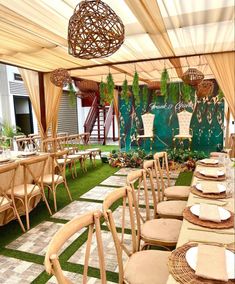 an outdoor dining area with tables and chairs set up for a party or function in the garden