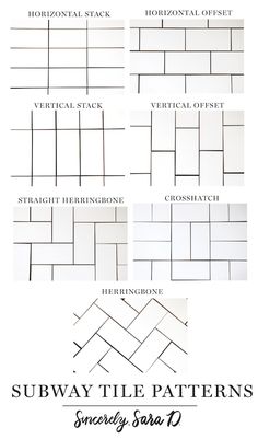 the subway tile patterns are shown in black and white, with text that reads subway tile patterns