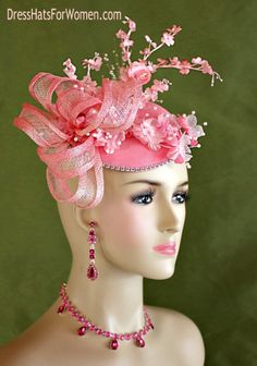 Women's Pink Coral Sinamay Straw Flower Large Sinamay Bow Fashion Designer Haute Couture Hat Headpiece Wedding Fascinator Hair Accessory. A Large Pink Sinamay Straw Bow Is Placed On A Simulated Pink Sinamay Straw Round Base, Accented With Custom Dyed Silk Flowers. A Row Of Acrylic Rhinestone Encircles The Base Of This Beautiful Headpiece. This Formal Art Deco Styled 1920's Style Flapper Hat Wedding Headpiece Can Be Worn In Different Positions. This ladies bespoke couture formal designer wedding Pink Feminine Fascinator For Kentucky Derby, Pink Feminine Fascinator For Royal Ascot, Pink Headpieces For Royal Ascot Event, Elegant Pink Headpiece For Royal Ascot, Feminine Mini Hats For Weddings, Pink Feminine Fascinator For Wedding, Pink Handmade Flower Headpieces For Royal Ascot, Pink Wedding Fascinator Headband, Pink Headpieces With Handmade Flowers For Royal Ascot