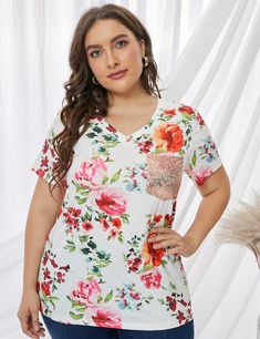 Plus Size T-shirt Slim Fit Top, Floral Tee, Jeans Leggings, Office Party, Plus Size Top, Plus Size Shorts, Shorts Jeans, Size Pattern, Top Women