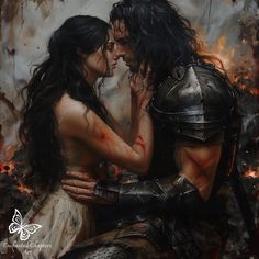 a painting of two people in armor kissing each other