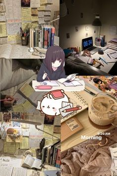 a collage of photos with books, papers and other things on the table in front of them