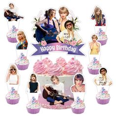 the cupcakes are decorated with pictures of taylor swift and other famous people,