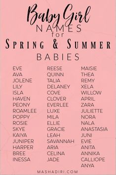 the baby girl names for spring and summer babies are shown in black on pink paper