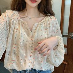 Cottagecore French Style Floral Casual Shirt - Сottagecore clothes Apricot Long Sleeve Blouse For Spring, Apricot Long Sleeve Top For Summer, Long Sleeve Apricot Top For Summer, Casual Long Sleeve Apricot Blouse, Long Sleeve Apricot Tops For Fall, Peach Long Sleeve Blouse For Fall, Long Sleeve Peach Blouse For Fall, French Women Style, Fashion Top Outfits