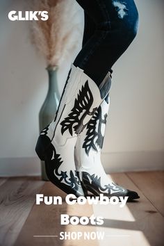 women's black and white printed cowboy boots Black And White Cowboy Boots, White Cowboy Boots, Country Style Outfits, Boot Shop, Tall Boots, Western Boots, Cowboy Boots