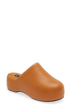 The classic clog is puffed to modern standards from smooth faux leather in a bubbled-up silhouette. 2 1/4" heel; 1 1/2" platform (size 38) Cushioned footbed Synthetic upper and lining/rubber sole Made in Portugal Brown Synthetic Platform Slippers With Removable Insole, Brown Synthetic Platform Slippers With Round Toe, Brown Closed Toe Platform Slippers With Cushioned Footbed, Brown Synthetic Round Toe Platform Slippers, Modern Clogs With Padded Heel, Modern Clogs With Padded Heel And Round Toe, Modern Leather Clogs With Padded Heel, Brown Leather Slip-on Platform Slippers, Brown Platform Slippers With Round Toe And Rubber Sole