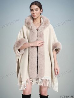 Poprose - Winter Cape Poncho with Plaid Design and Hooded Style Beige Winter Cape For Cold Weather, Winter Beige Cape For Cold Weather, One Size Winter Cape, Beige Winter Cape, Beige Hooded Poncho For Fall, Cozy White Winter Cape, Winter Beige Poncho For Cold Weather, Hooded One Size Outerwear For Spring, Hooded Outerwear For Spring