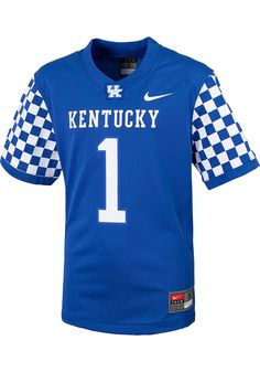 Even the littlest Wildcats fan will be ready to cheer on the Kentucky Wildcats in this Blue Youth Football Jersey. Get your little one pumped up for the big game with this Kentucky Wildcats Football Jersey, which features a team name and number screenprint. Screen printed number on front and back, Swoosh design trademark on left chest, Woven jock tag on left hem, Soft-hand polyester jersey, Clean finished internal seams, 100% Polyester Blue Football Jersey, Kentucky Wildcats Football, Toddler Football, Kentucky Football, Kentucky Basketball, Youth Football, Nike Boys, Blue Football, Half Sleeve Shirts