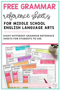 the free printable reference sheets for middle school english language arts with text overlay