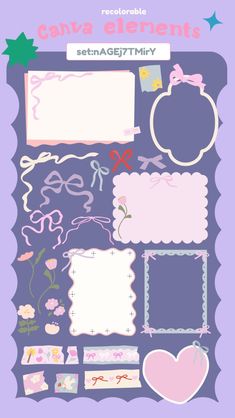 a purple background with pink and white frames, hearts, and other items on it