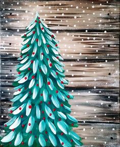 a painting of a blue christmas tree with snow falling on it