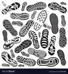 a collection of shoes and footwear in black and white colors on a white background