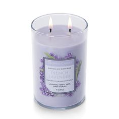 a candle that is sitting in front of a white background with the words french lavender on it