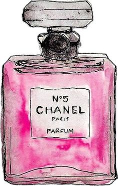 a bottle of chanel parfum on a white background with pink and black ink