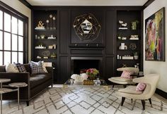 a living room filled with furniture and a fire place