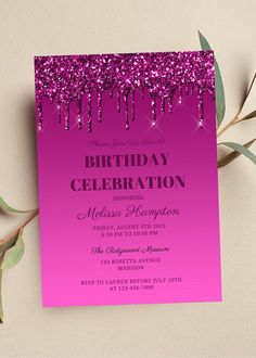 a pink and purple birthday party card with glitter drips on the front, and green leaves in the back