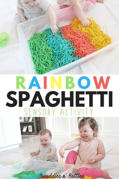 two children playing with rainbow spaghetti in a play box and on the floor next to each other