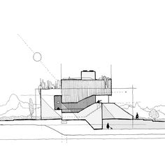 an architectural drawing of a building that is on top of a hill with trees in the background