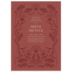 the wedding shower card is shown in red, with an ornate border and floral design