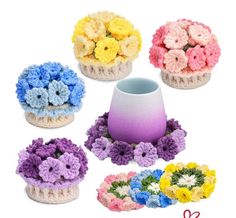 small crocheted flower pots with flowers in them on a white background, surrounded by smaller crochet flowers