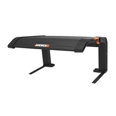 a black bench with an orange logo on the top and legs, in front of a white background