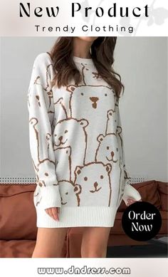 Adorable Animal Print Round Neck Loose Knit Pullover Sweeter Sweater Cute Long Sleeve Soft Knit Sweater, Cute Knit Long Sleeve Sweater, Casual Knit Sweater Dress With Crew Neck, Knitted Long Sleeve Sweater, Long Sleeve Knitted Sweater, Cute Crew Neck Knit Sweater, Cute Long Sleeve Sweater Dress For Fall, Casual Knitted Long Sleeve Top, Casual Long Sleeve Knitted Top