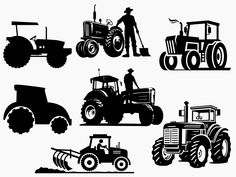 black and white silhouettes of farm equipment on a white background, set of six