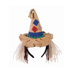 a brown hat with fringes and a colorful design on the top is hanging from a hook