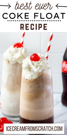 A tall filled with vanilla ice cream scoops and coke, topped with whipped cream, a maraschino cherry and a red and white straw. Coke Ice Cream Float, Coke Float Recipe, Coke Float Bar, Soda Floats Recipes, Ice Cream Soda Floats, Ice Cream Floats Ideas, Coke Slushie Recipe, Floats Ice Cream