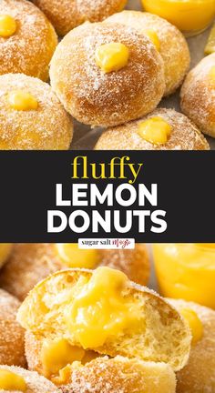 lemon donuts with powdered sugar on top and the title overlay reads fluffy lemon donuts