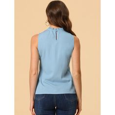 This shirt from Allegra K makes the incredible accompaniment. It has a ruffle neck. Pair it with mini skirts for a casual look on warm days. A frilly collar and a ruffle trim sweeten this sunny-day sleeveless top, especially for girls, teens, or ladies. The casual blouse is made of lightweight chambray that is cut from extra soft cotton. Casual Light Blue Sleeveless Blouse, Sleeveless Ruffled Blouse, Feminine Light Blue Ruffled Tops, Light Blue Feminine Ruffle Tops, Blue Fitted Top With Ruffled Collar, Light Blue Ruffled Tops For Work, Chic Blue Top With Ruffled Collar, Casual Blue Blouse With Ruffled Collar, Casual Blue Top With Ruffled Collar