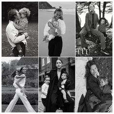 black and white photos of people in different poses, with one woman holding a child