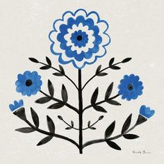 a blue flower on a white background with black stems and leaves in the center, surrounded by smaller blue flowers