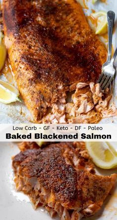 baked blackened salmon with lemon wedges and keto - drizzled sauce