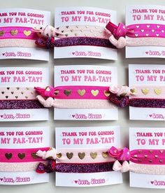 pink and gold hair ties with hearts on them, thank you for coming to my pat - tat