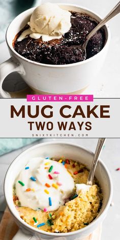 two mug cakes with ice cream and sprinkles