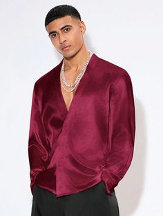 Men's Festival Clothing, Wedding Season, Fancy Party Style, Music Festival, White Asymmetric Collar Woven Stretch T-Shirt Red   Long Sleeve Woven Fabric Plain  Non-Stretch  Men Clothing, size features are:Bust: ,Length: ,Sleeve Length: Red Satin Shirt Men, Mens Red Kimono, Mens Silk Pajamas Red, Cheap Men's Purple T-shirt, Festival Outfits Men, Satin Shirts, Cheap Red Men's T-shirt, Party Mode, Red Long Sleeve