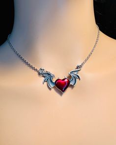 Gothic Heart Necklace, Wings Necklace, Wings Necklace, Red Heart Charm, Black Heart Charm, Valentines Gothic Gift, Valentines Jewelry Gift - Etsy Punk Style Necklace For Halloween Gift, Punk Necklace With Lobster Clasp As Gift, Punk Red Necklace For Halloween, Handmade Vampire Style Necklace For Gift, Punk Style Nickel-free Necklace For Gifting, Emo Style Necklace For Halloween, Gothic Metal Heart Necklace, Punk Heart Pendant Necklace As Gift, Gothic Heart-shaped Necklace For Valentine's Day