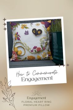 Image of a Floral Heart Ring Engagement Premium Pillow. The design showcases a heart-shaped ring surrounded by beautiful flowers, representing the love and celebration of an engagement. The premium pillow adds elegance and serves as a cherished keepsake. Sparkling with joy and romance. Heart Ring Engagement, Couple Pillow, Wedding Pillow, Wedding Pillows, Heart Engagement Rings, Heart Shaped Rings, Gorgeous Flowers, Floral Heart