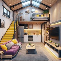 a living room filled with furniture next to a stair case in front of a flat screen tv