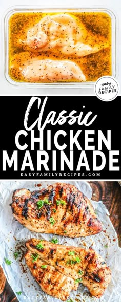 chicken marinade in a casserole dish with text overlay that reads classic chicken marinade