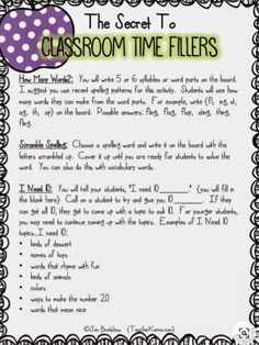 the secret classroom time fillers with polka dots on it and an image of a purple apple