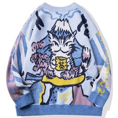 a embroidered cat sweater with japanese design Japanese Streetwear Fashion, Estilo Harajuku, Oversized Pullover Sweaters, Streetwear Sweater, Oversize Pullover, Graphic Sweaters, Japanese Streetwear, Cat Sweatshirt, Hip Hop Streetwear