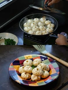 some food is being cooked in a pan on the stove and another plate with dumplings