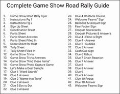 the complete game road rally guide is shown in black and white, with instructions for each race