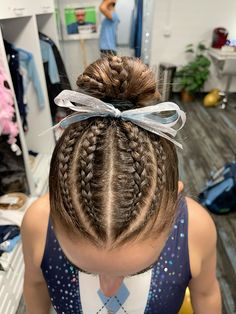 Gymnastics Meet Makeup, Cute Gymnastics Competition Hair, Gymnastics Buns For Long Hair, Gymnastics Hair Ideas, Braids For Gymnastics, Gymnast Hairstyles For Meets