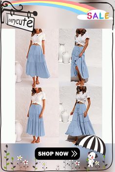 Light Blue Drawstring High Waist A-line Skirt Light Blue Lined Skirt For The Beach, Blue Flowy Maxi Skirt For Day Out, Blue Flared Maxi Skirt For Vacation, Blue Tiered Maxi Skirt For Day Out, Casual Light Blue Lined Maxi Skirt, Light Blue Lined Skirt For Vacation, Light Blue Beach Skirt, Blue Pleated Maxi Skirt For Day Out, Blue Midi Skirt For Vacation