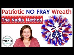 a woman standing in front of a red white and blue wreath with the words patriotic no fray