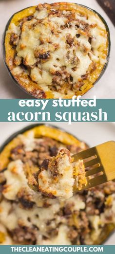 an easy stuffed acorn squash casserole is shown with the title above it